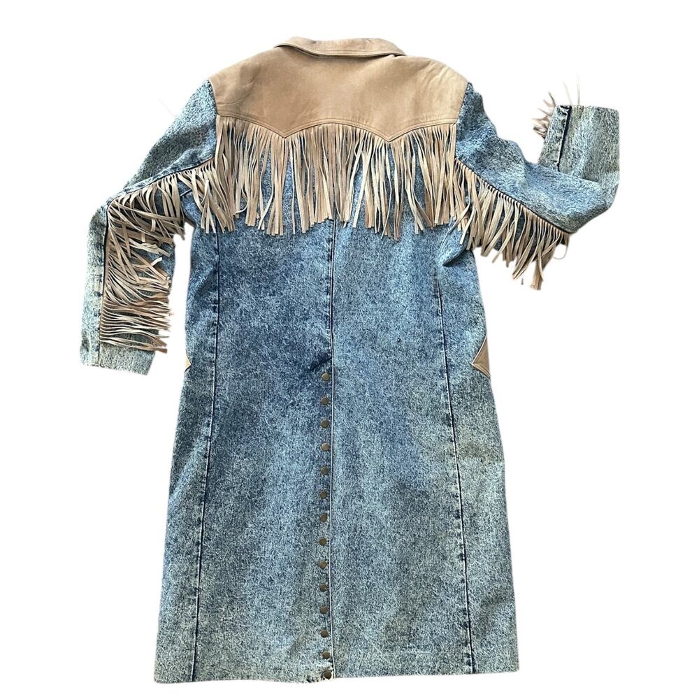 VTG Western Heavy Weight Acid Washed Denim Trench w/ Leather Fringe USA Made XL - Picture 12 of 16